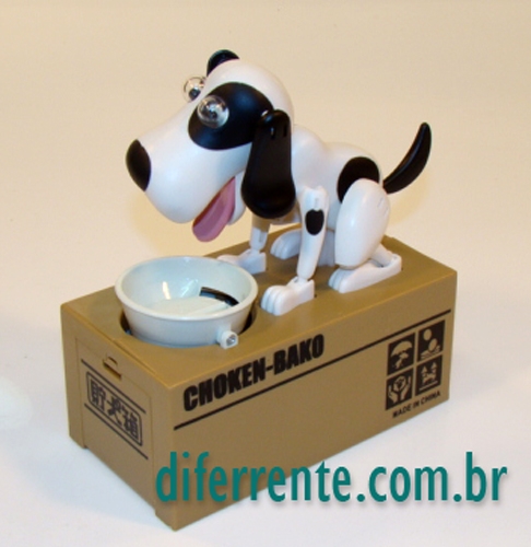 Cofrinho animado cachorro faminto. Coloque moedas na tigela e o cachorrinho vai comê-las desesperadamente! Disponível em branco e preto. Acesse agora www.diferrente.com.br e compre o seu ou para dar de presente à alguém.