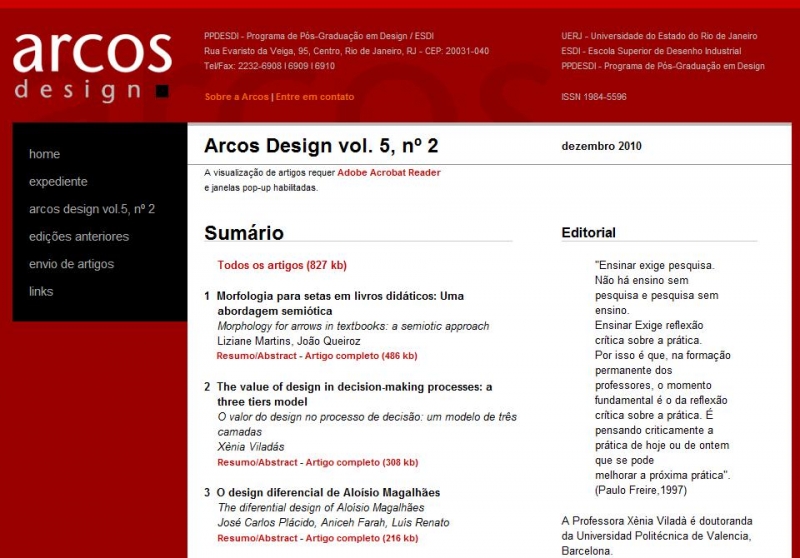 Revista acadêmica (versão digital) Arcos Design, da ESDI/UERJ