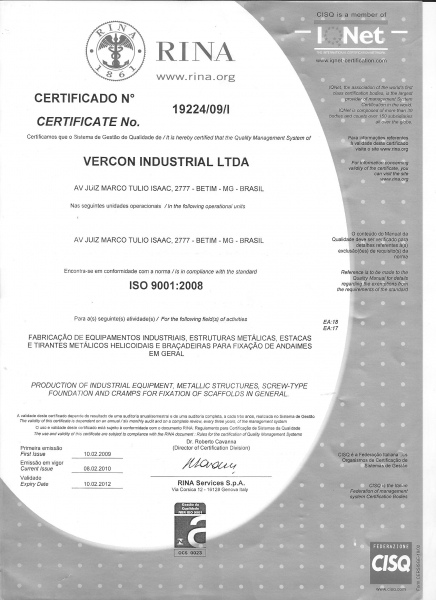 certificado ISO Vercon Ind. Ltda