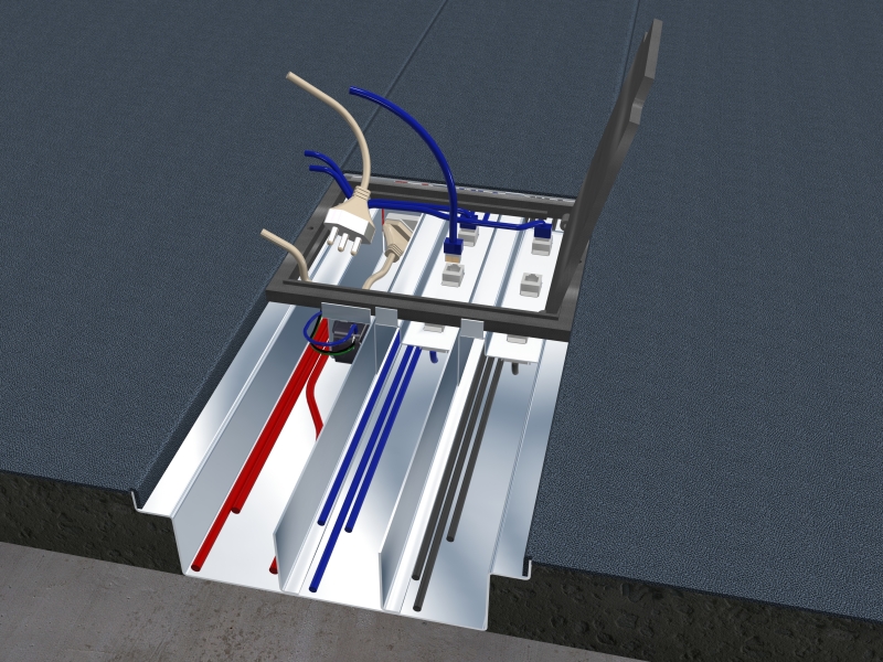 Calhas Abertas e Tampas, são fabricadas em chapa pré-zincada e utilizadas em locais que exigem certa modificação de layout, possui um sistema de tampas intercambiáveis que permitem a alteração dos pontos de tomadas. A altura mínima permitida de contra piso é de 60 mm para situações onde se utilizam suportes de tomadas e 40 mm para uso como passa cabos. Seu acabamento permite somente o uso de carpete (rolo ou placa), sendo necessário informar a espessura do mesmo. 