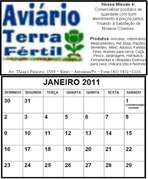 Calendário Aviário Terra Fértil 2011