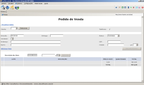 Tela de Emisso de Pedido FaciNet.com.br