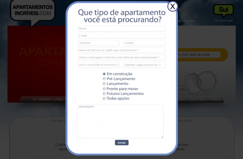 Formulario de contato do site Apartamentos Incríveis.