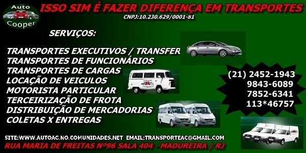 Autocuuper Transportes. é uma empresa prestadora de serviços especializada em  terceirização de frotas de veiculos utilitários e sedan.Tendo atividades voltada a transportes de cargas,distribuição de mercadoria entre outras atividades.Atendemos empresas publicas e privada. Para maiores informações ligue.21984127831/995957328  www.autocuuper.com.br