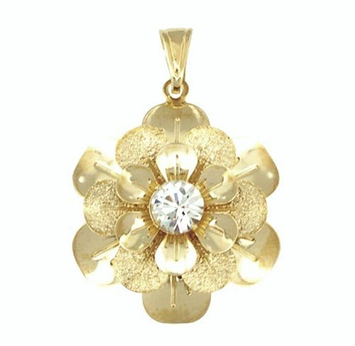 Pingente de flor com pétalas lisas e jateadas, com cristal cravado no centro, folheado a ouro ou prata.