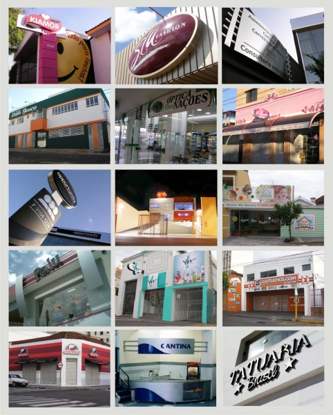 Exemplos de fachadas comerciais com criação de Identidade Visual.
