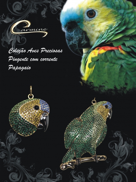 Pingente e colar papagaio com corrente - 10 camadas de ouro 18k com aplique de rodio negro