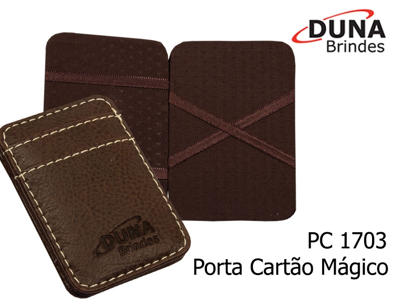 Porta Cartão Mágico PC 1703 - Encaixe o cartão de um lado e ele aparece do outro. Confeccionado em Couro Legítimo, Couro Sintético ou Couro Ecológico (Recouro). Personalizado com seu logotipo em baixo relevo.