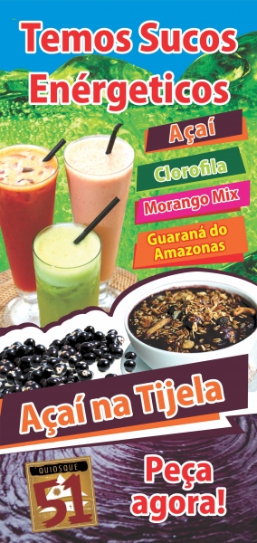 Temos sucos energéticos como Guaraná, morango mix, açaí e açaí na tigela