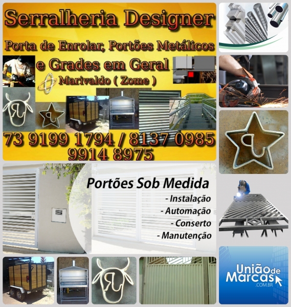 Serralheria Designer em Ilhéus. -  Portas de enrolar, Portões metálicos e Grades em geral. Reboques para cavalos e cargas.  Serviços de Serralheria em Geral.  Resp. Marivaldo ( Zome ) Tel. 73 9 1998 - 5542 ZAP  -  Estamos localizados na Av. Nossa Senhora Aparecida,nº 1713, Barreira - Ilhéus-Ba.  Nossos serviços e novidades.  Visite nosso Blogger - https://dicasdauniao.blogspot.com/2014/11/serralheria-designer-em-ilheus.html