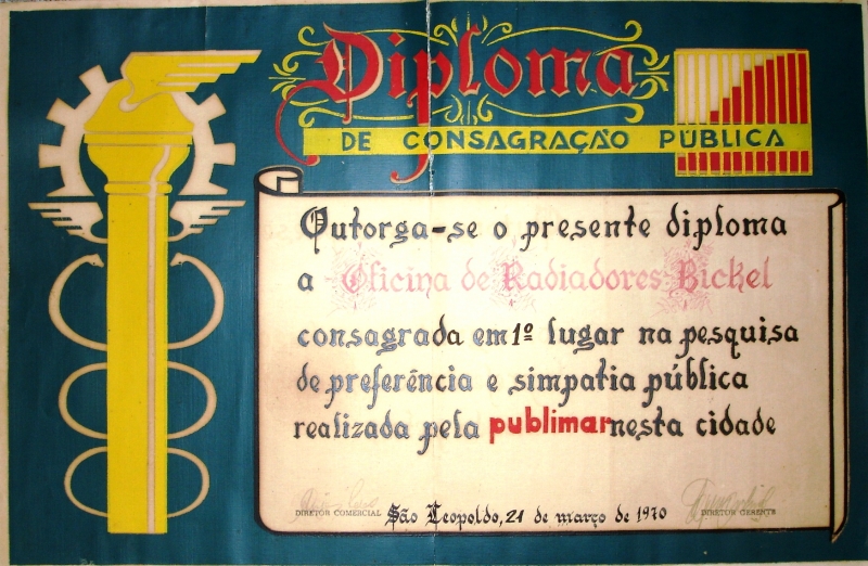 RADIADORES BICKEL - Diploma dos anos 70, na administração do fundador da empresa.