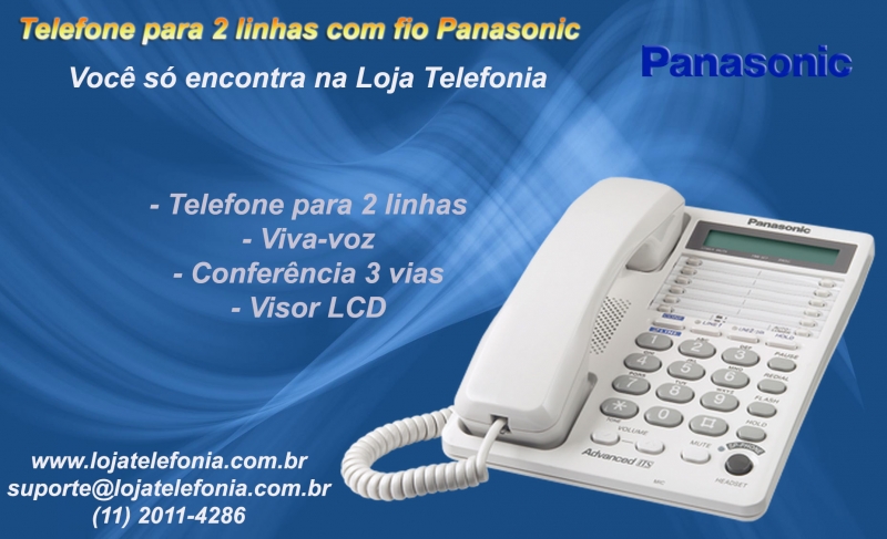 Telefone para 2 Linhas - c/ Viva Voz, Conferencia e Retenção de Chamadas- Marca: Panasonic. Com apenas um Telefone para 2 Linhas você é capaz de gerenciar duas Ligações ao mesmo tempo, proporcionando muito mais conveniência e eficiente para você gerir as suas chamadas.