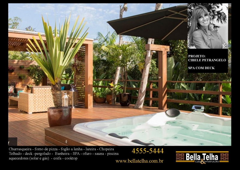 spa com deck em madeira, piscina, ofuro, sauna, banheira, churrasqueira, lareira é na BELLA TELHA 11-4555-5444