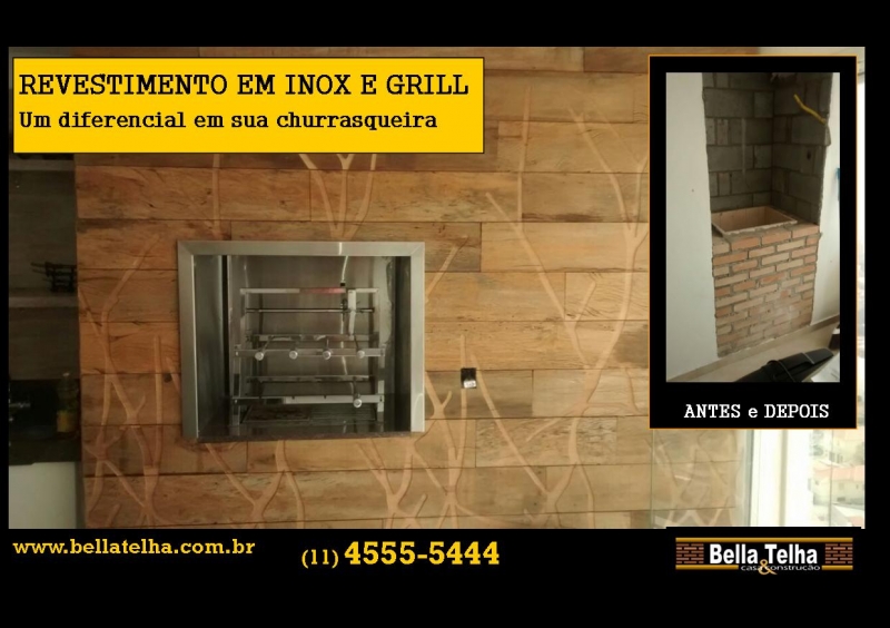 esta churrasqueira foi revestida com inox, teve sua parte interna revestida, colocamos um grill sob medida e uma moldura na boca, que transformou a churrasqueira