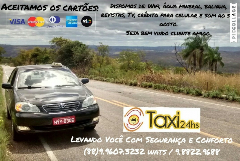 Visitando o Cariri? Está precisando de TAXI? O TAXI 24 horas oferece a você um serviço diferenciado. * Hotel; * Pousada; * Aeroporto (fazendo sua recepção) * Empresas; * Festas, shows; * Viagens para toda a região do Cariri e cidades vizinhas. Transportando nossos clientes com segurança, conforto, descrição e pontualidade. Confira nossa FranPage Taxi 24 horas. Intagram: taxi.24horasjackson. Venha conferir nosso serviço. Ligue : (88) 99607-3232 ou (88) 98822-9688 JUAZEIRO DO NORTE -CE