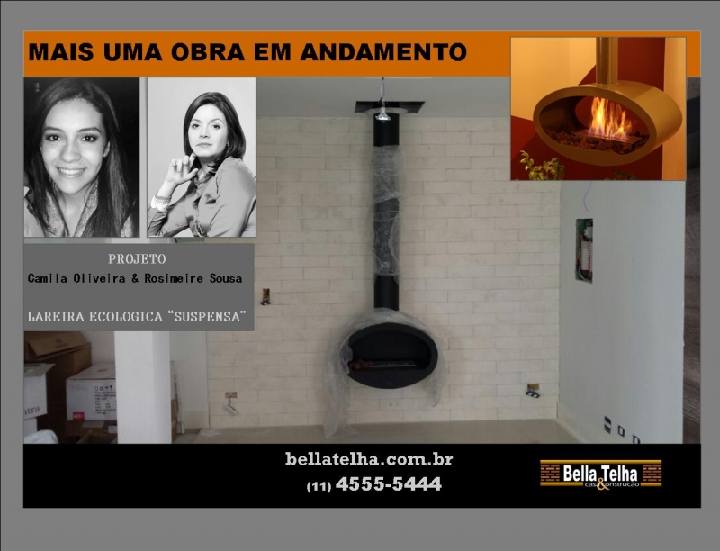 lareira suspensa, lareira ecologica fixada no teto, lareira sem fumaça, sala com lareira, obra em andamento, projeto das arquitetas Camila de Oliveira e Rosimeire Sousa