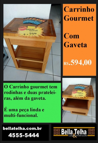 carrinho gourmet em madeira e com gaveta, é um carrinho muito utilizado em espaços gourmet, areas de churrasqueira mas por ser uma peça versatil, pode sr utilizada em outros ambientes. Carrinho gourmet por R$.597,00 em mais uma das super promoções da Bella Telha www.bellatelha.com.br