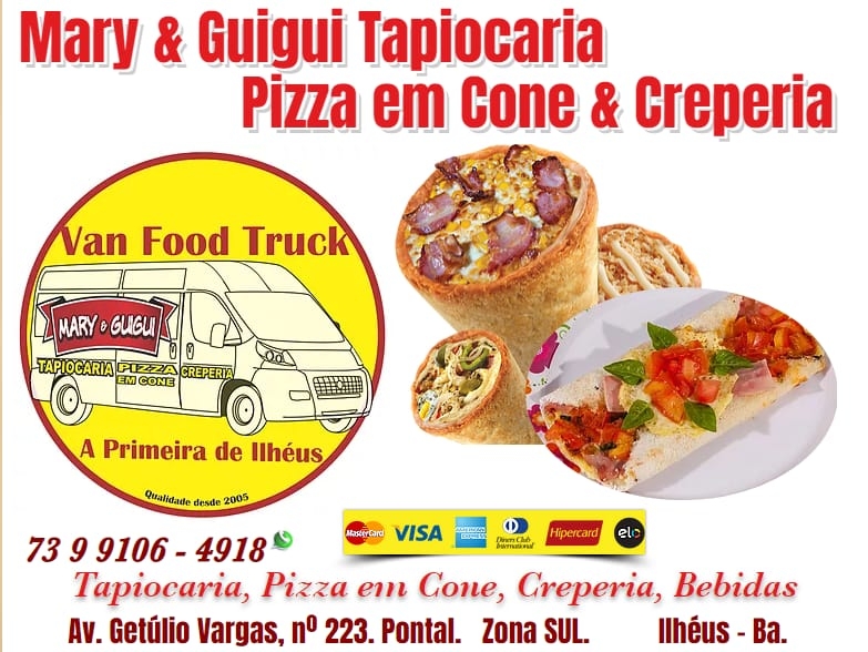 Mary & Guigui Tapiocaria Pizza em Cone & Creperia em Ilhéus. Mary & Guigui Tapiocaria Pizza em Cone & Creperia - Bebidas Av. Getúlio Vargas, nº 223. Pontal. Zona SUL. Ilhéus - Ba. Experimente a deliciosa Pizza Cone! A massa crocante e muuuuuito ... recheio vão te conquistar. Essa Pizza é uma forma divertida e diferente de servir Pizza. - Visite nossa apresentação - https://uniaodemarca.wixsite.com/guiagastronomico/post/mary-guigui-tapiocaria-pizza-em-cone-creperia-em-ilh%C3%A9us