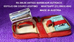 Antigo barbeador em mini estojo em couro legtimo.made in austria.perfeito. sem uso.medindo 6,5 x 5,00 x 2,00 cm.com quatro lminas de reposio.