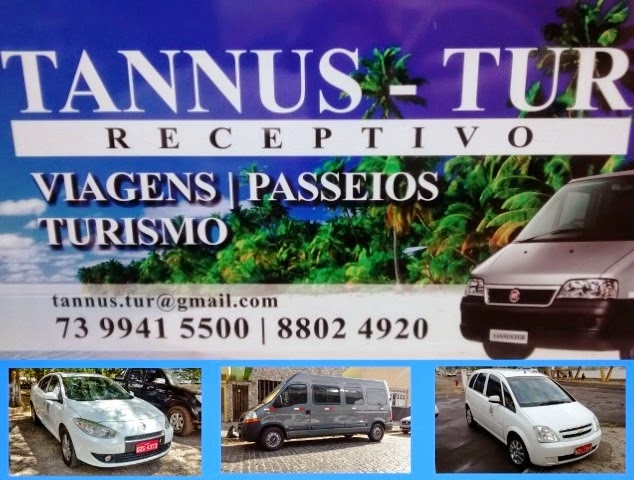 TANNUS - TUR Transfer e Receptivos em Ilhéus. 73 9 8802 - 4920 (Celular) 73 9 9941 - 5500 (Celular) Funcionamos há mais de 9 anos no mercado de logística em transportes com excelência na cidade de Ilhéus. Trabalhamos com traslados, passeios, city tour, turismo, na cidade de Ilhéus e proximidades. Serviço de transfer privativo e semiprivativo. Viagens e passeios aos principais destinos turísticos de Ilhéus e Região. Rua: Caminho 38, Casa nº 04 - A, Hernané - Sá Ilhéus - Bahia - Brasil Visite nosso site: https://www.tannustur.com/