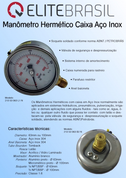 MANÔMETRO HERMETICO CAIXA DE AÇO INOX