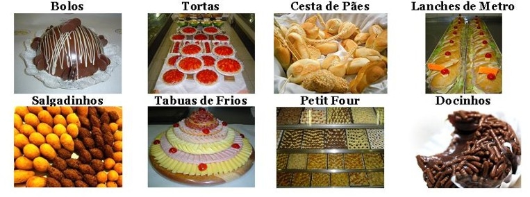 Bolos, Tortas, cesta de Pães, lanches de metro, salgadinhos, tabuas de frios, Petit Four e Docinhos.