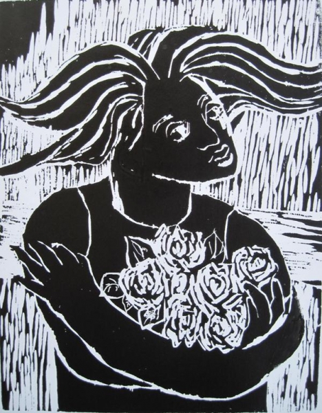Menina com rosas, xilogravura, 40x50cm, 2010